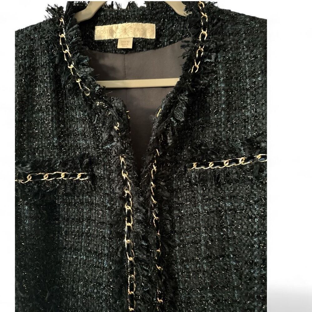 Boston Proper Women's Parisian Tweed Shimmer Chain Fringe Jacket Navy Gold Sz 12 - Picture 5 of 9